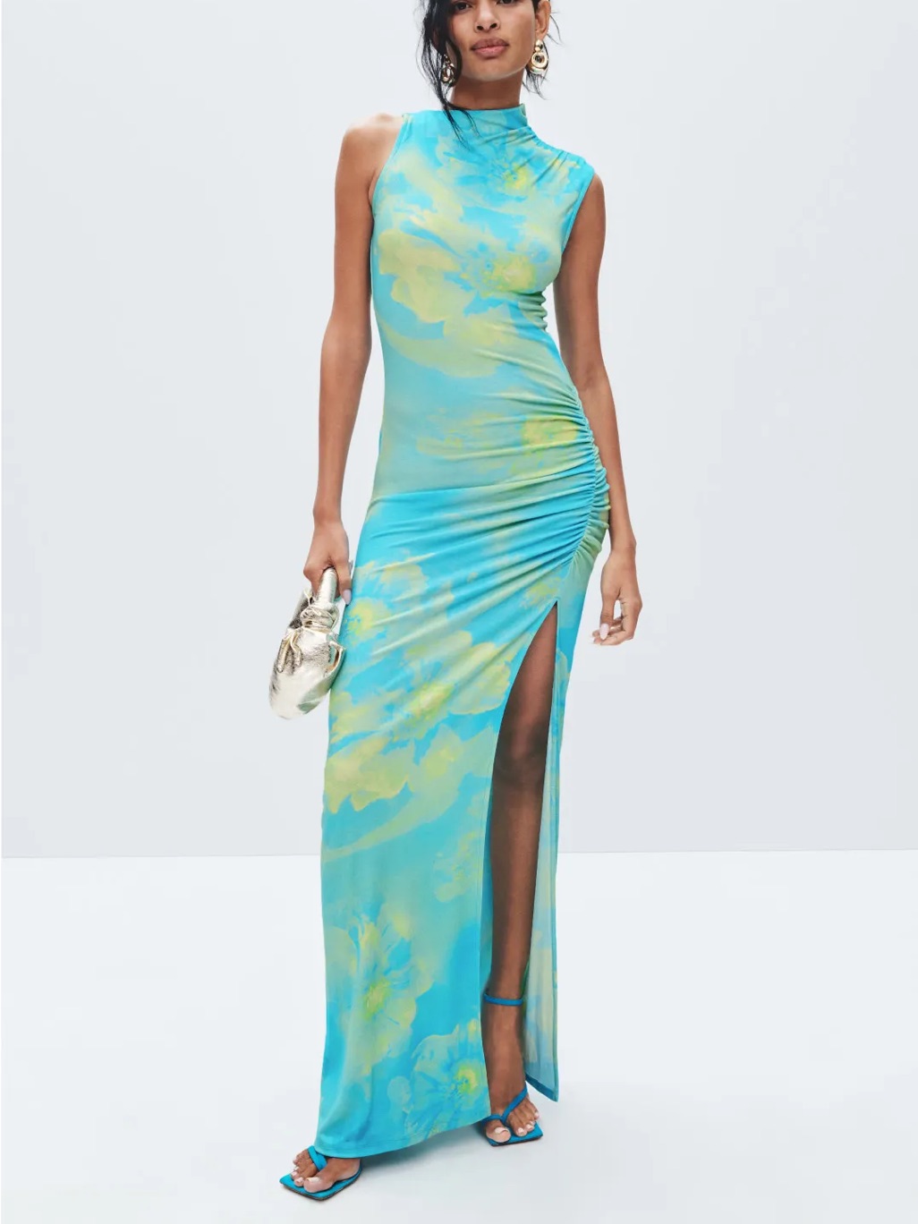 Summi Summi Valentina Dress Blue Green Floral Ruched Maxi Dress Mock Neck Xs
